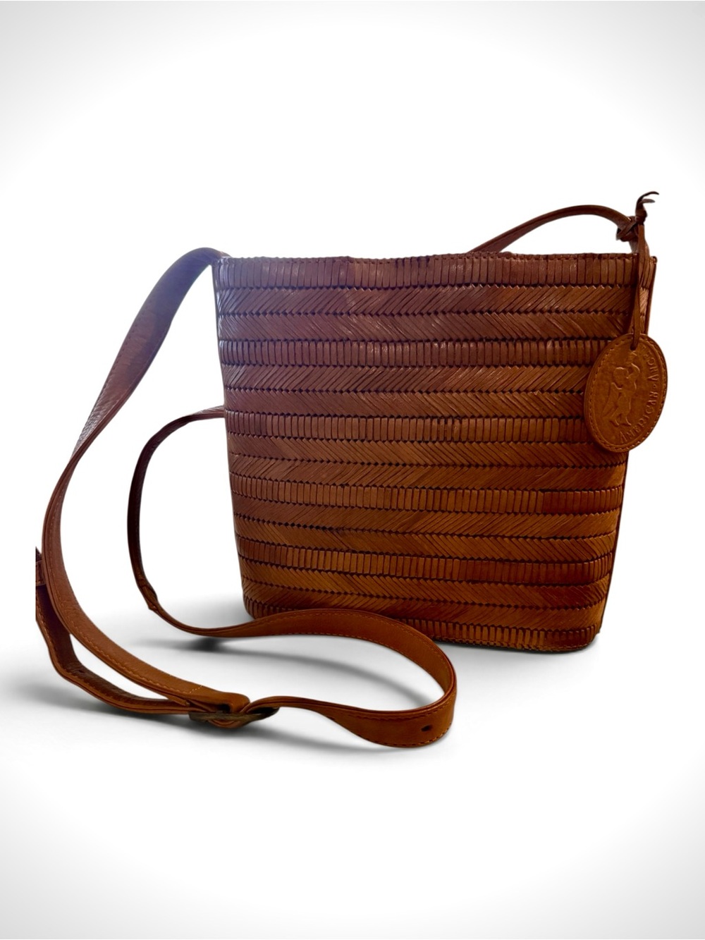 90's Boho Woven Leather Crossbody Bag in Tan w/Adjustable Strap AMERICAN ANGEL